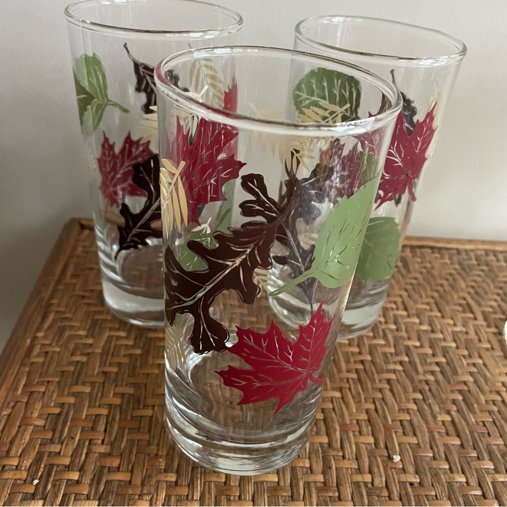 Set of 3 Vintage Libby Glass Tumblers - Fall Autumn Leaf Pattern- 6” Tall